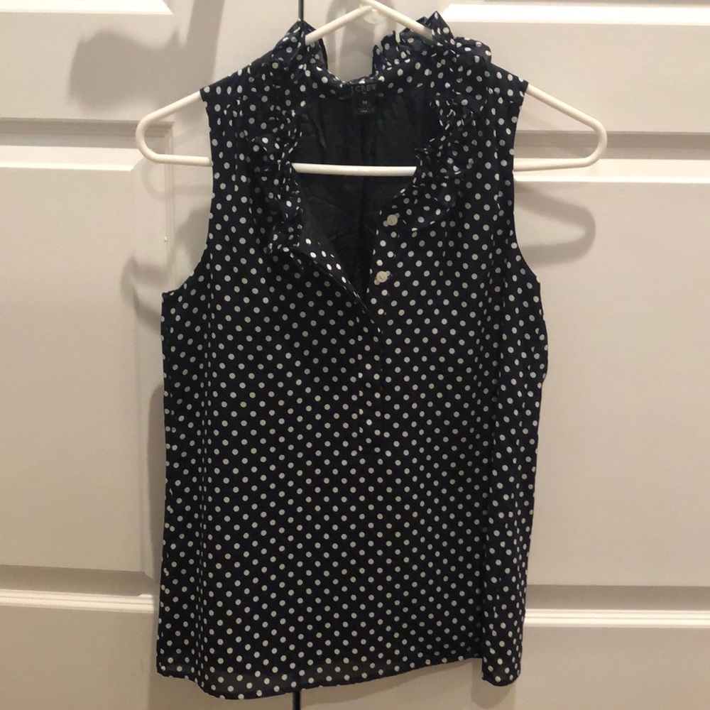 J.Crew Navy/White Polka Dot Ruffle Shirt